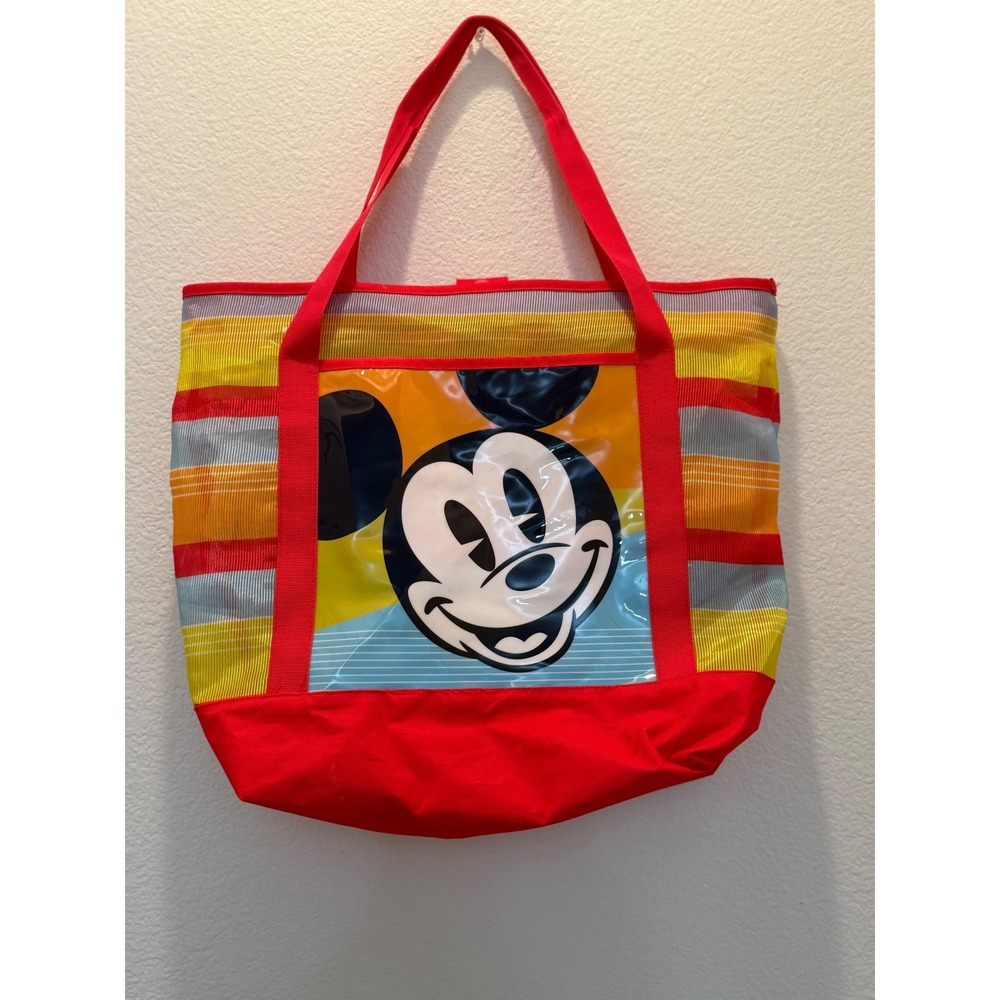 Disney Store Mickey Mouse Mesh Beach Tote Bag Red Yellow Striped Large 15x20